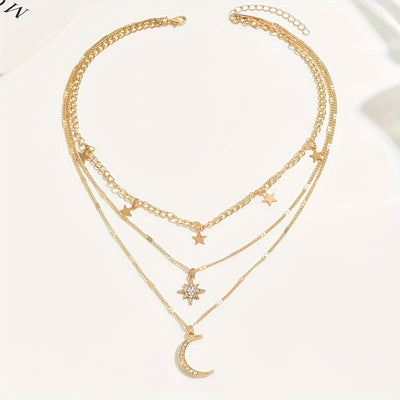 Rhea | Layered Boho Gold Necklace with Star & Moon Pendants