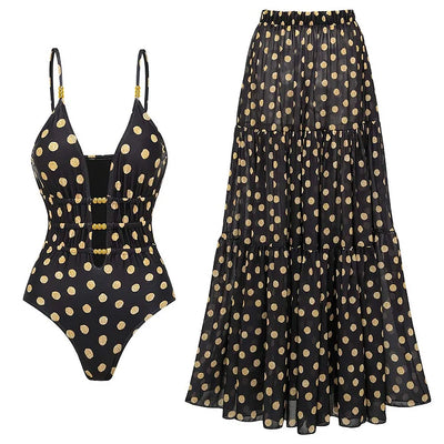Black and Gold Polka Dots V-neck One Piece Swimsuit and Skirt