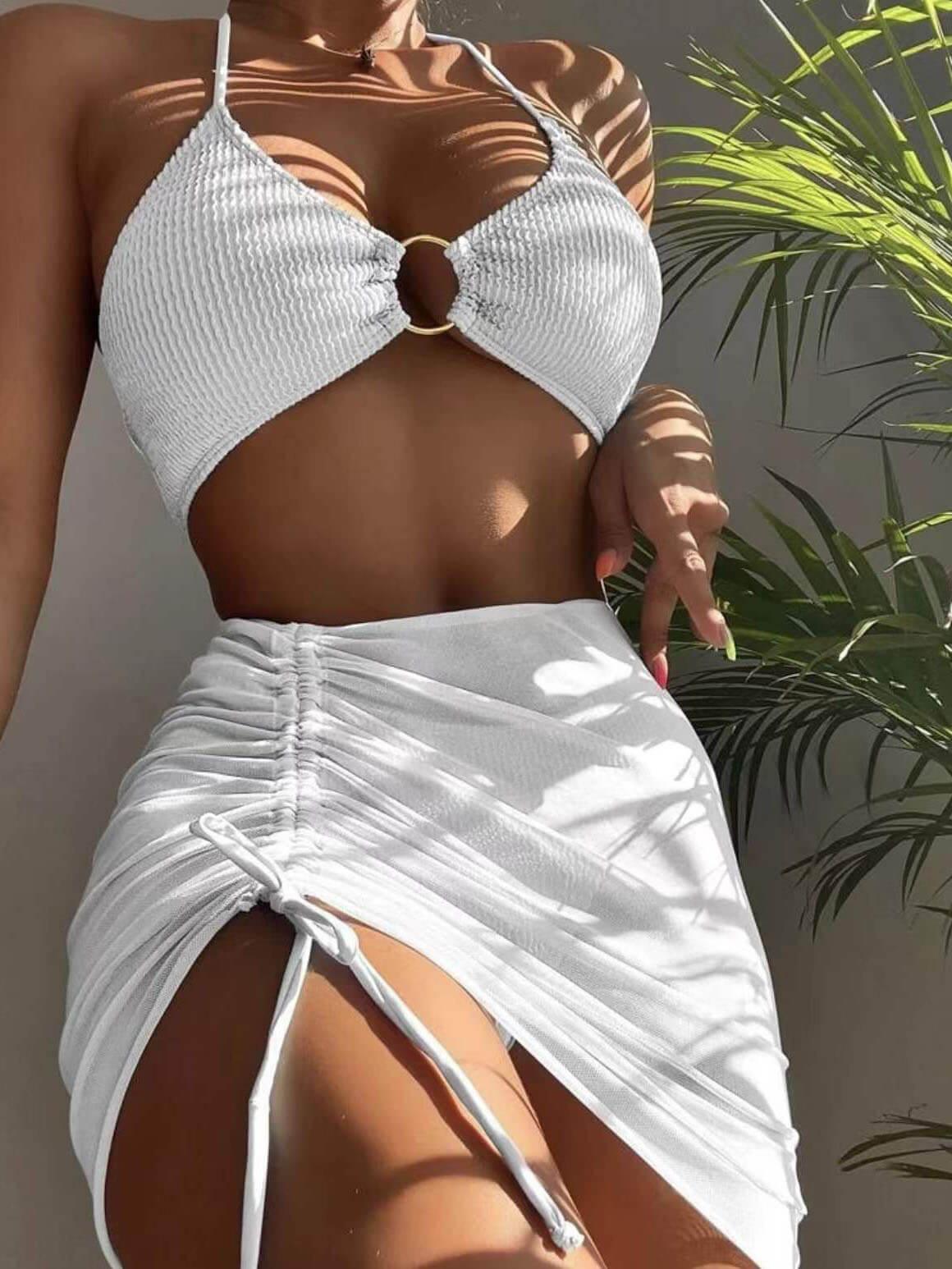 Solid Colour Sexy Halterneck Three-Piece Swimsuit Bikini