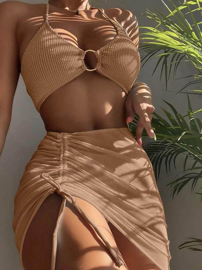 Solid Colour Sexy Halterneck Three-Piece Swimsuit Bikini