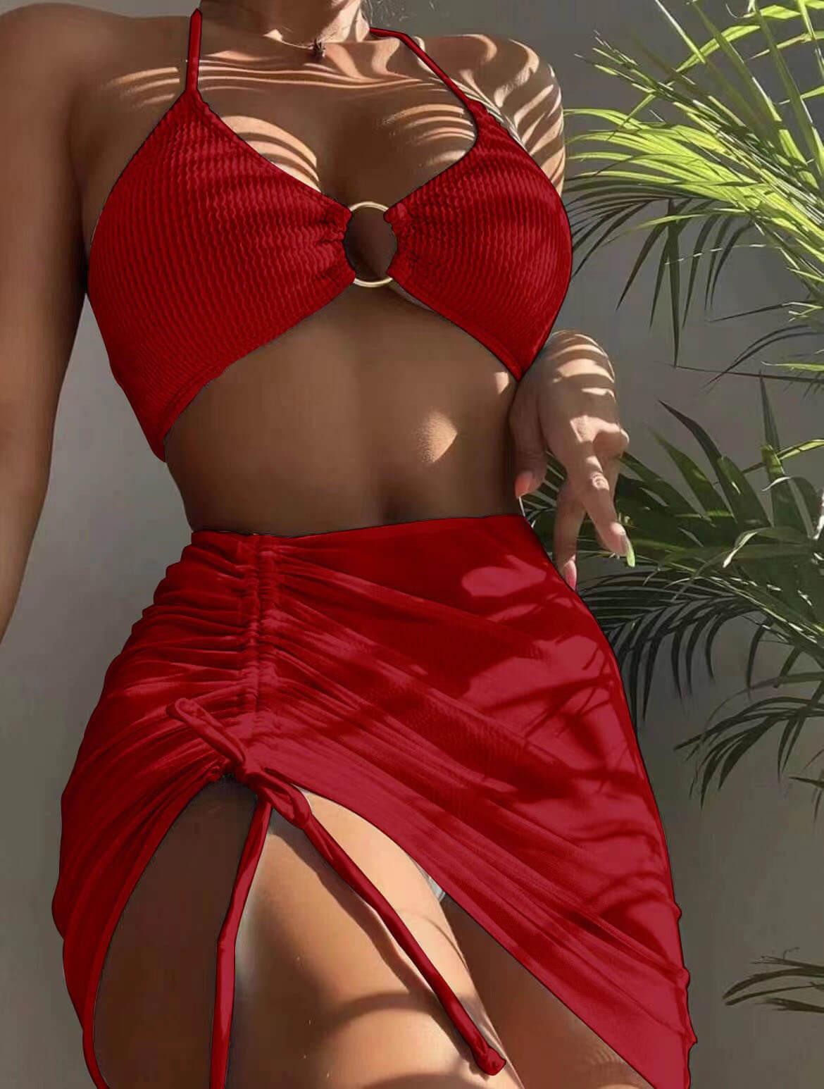 Solid Colour Sexy Halterneck Three-Piece Swimsuit Bikini