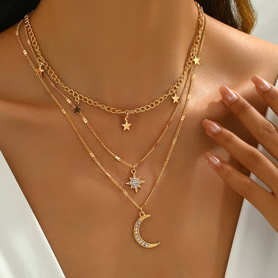 Rhea | Layered Boho Gold Necklace with Star & Moon Pendants