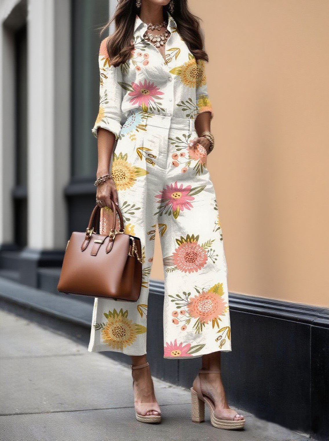 Flower Capri Trousers and Loose Linen Shirt Set
