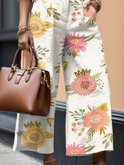 Flower Capri Trousers and Loose Linen Shirt Set