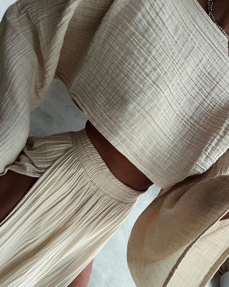 Chic split cotton and linen casual two-piece set