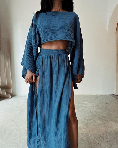 Chic split cotton and linen casual two-piece set