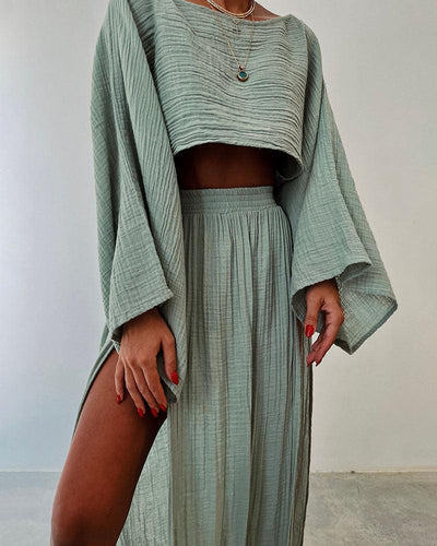 Chic split cotton and linen casual two-piece set