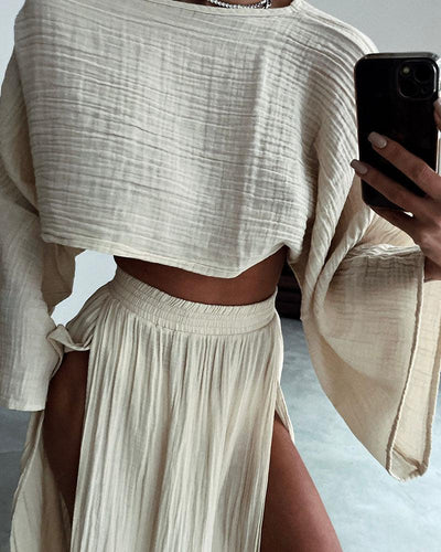 Chic split cotton and linen casual two-piece set