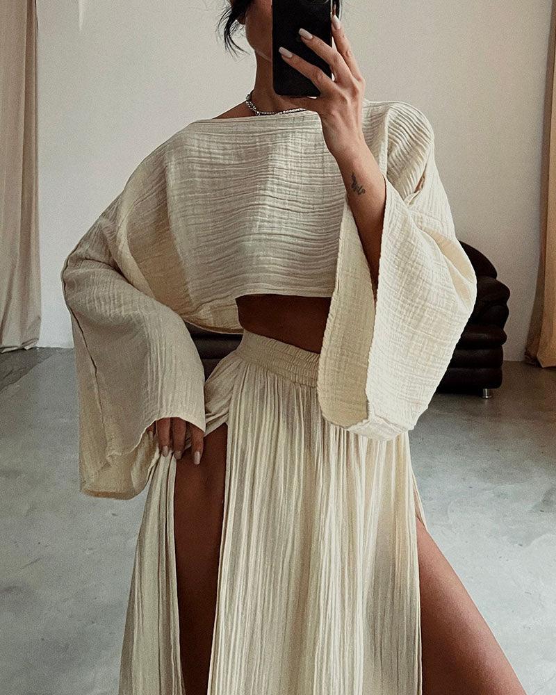 Chic split cotton and linen casual two-piece set