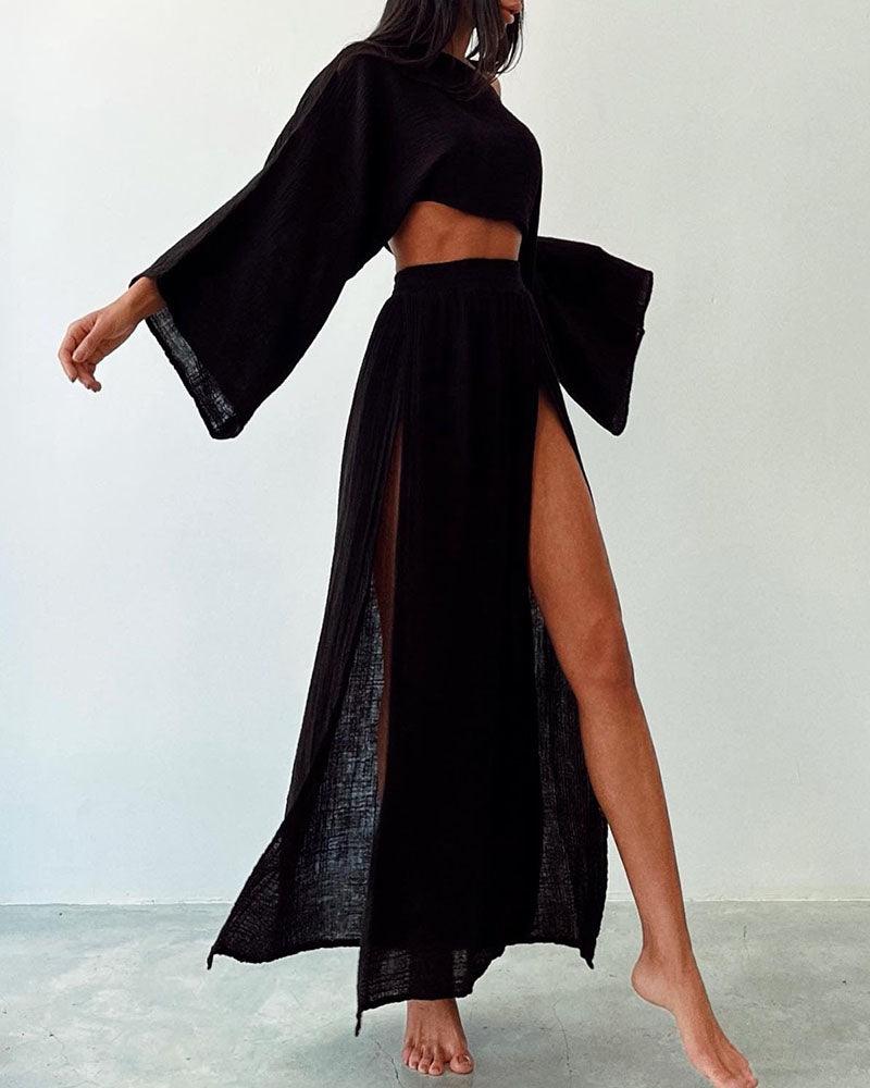 Chic split cotton and linen casual two-piece set
