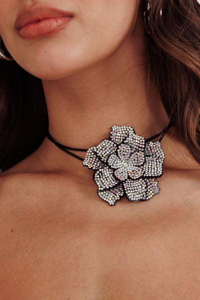 Magnolia Black Diamante Flower Choker Necklace