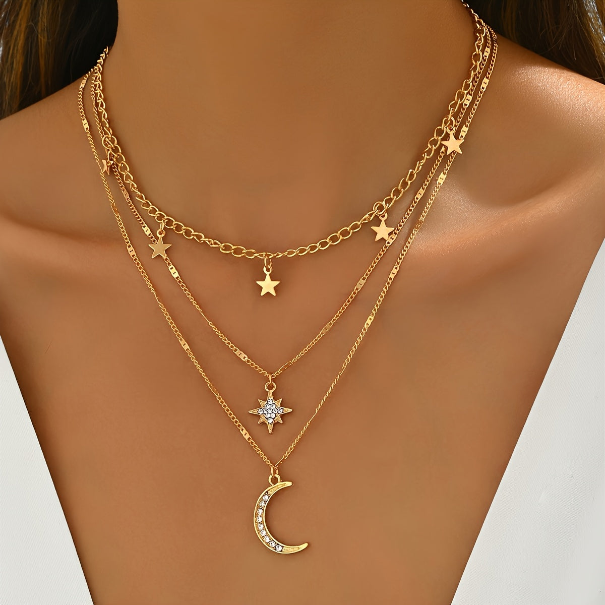 Rhea | Layered Boho Gold Necklace with Star & Moon Pendants