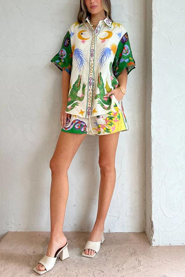 Days of Heaven Linen Mix Unique Print Blouse and Elastic Waist Shorts Set