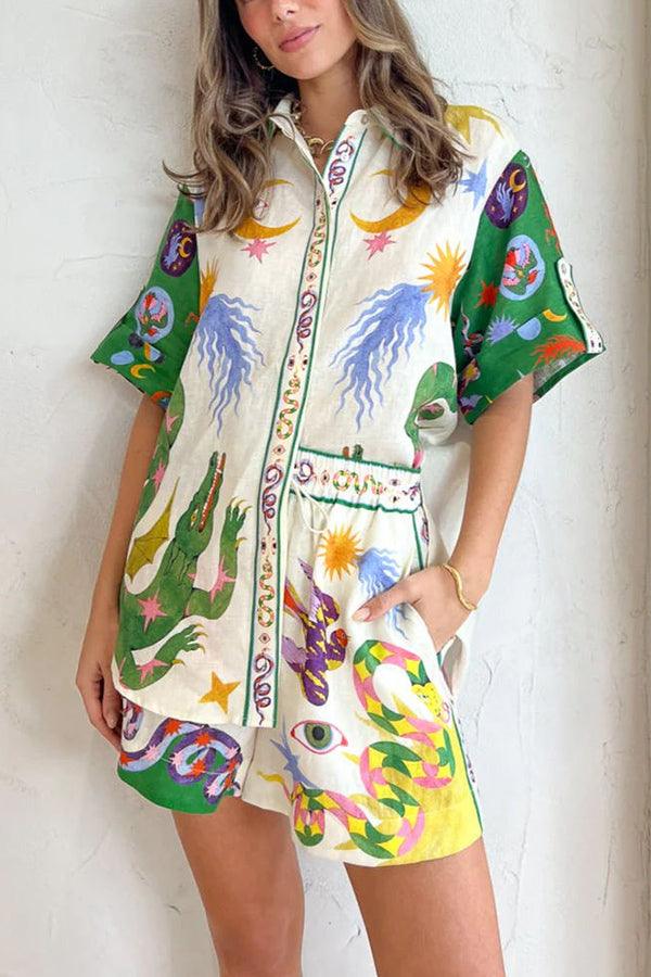 Days of Heaven Linen Mix Unique Print Blouse and Elastic Waist Shorts Set