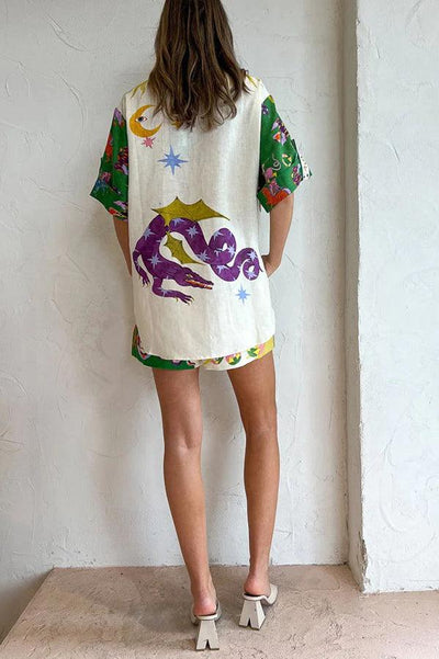 Days of Heaven Linen Mix Unique Print Blouse and Elastic Waist Shorts Set