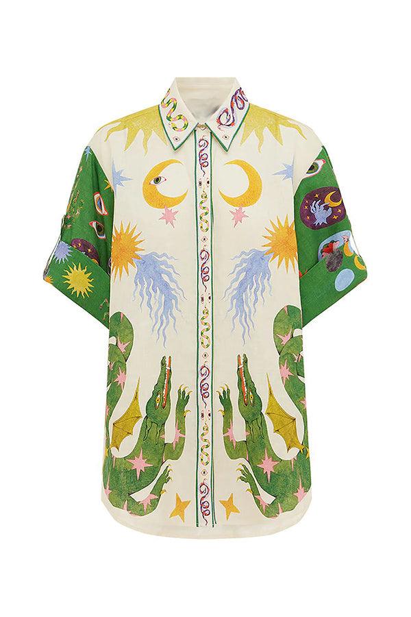 Days of Heaven Linen Mix Unique Print Blouse and Elastic Waist Shorts Set