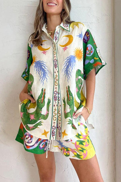 Days of Heaven Linen Mix Unique Print Blouse and Elastic Waist Shorts Set