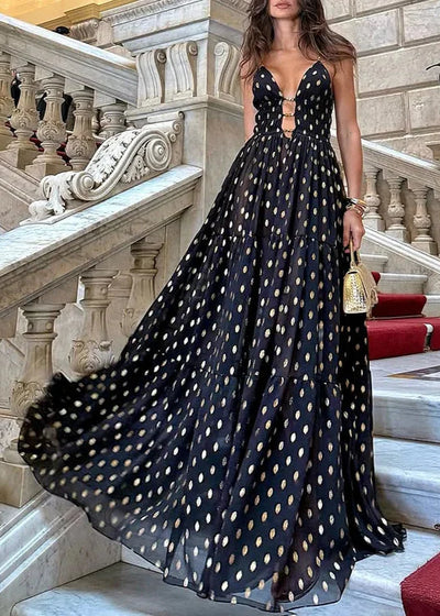 Black and Gold Polka Dots V-neck One Piece Swimsuit and Skirt