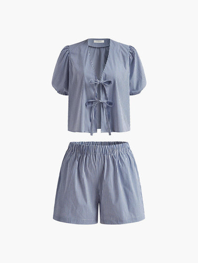 Checked Lace Up Shorts Set