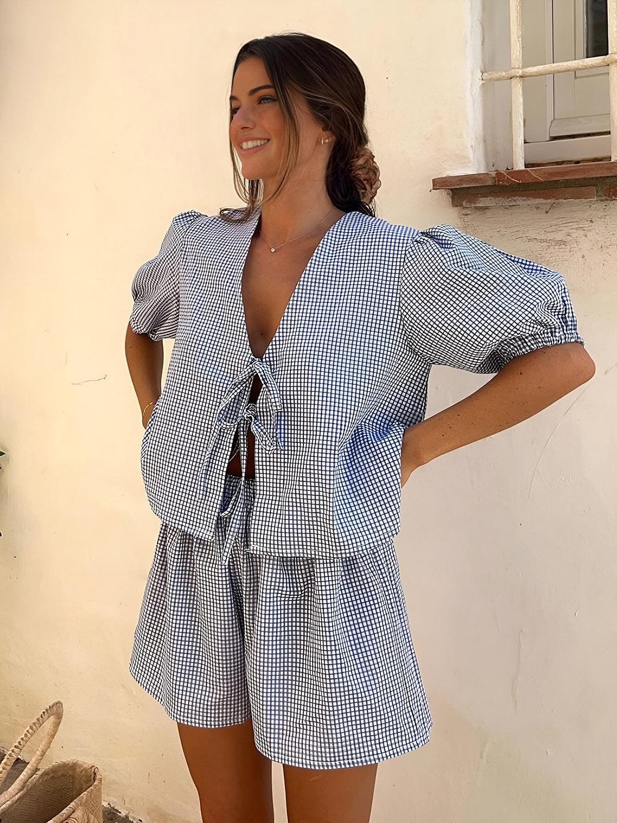 Checked Lace Up Shorts Set