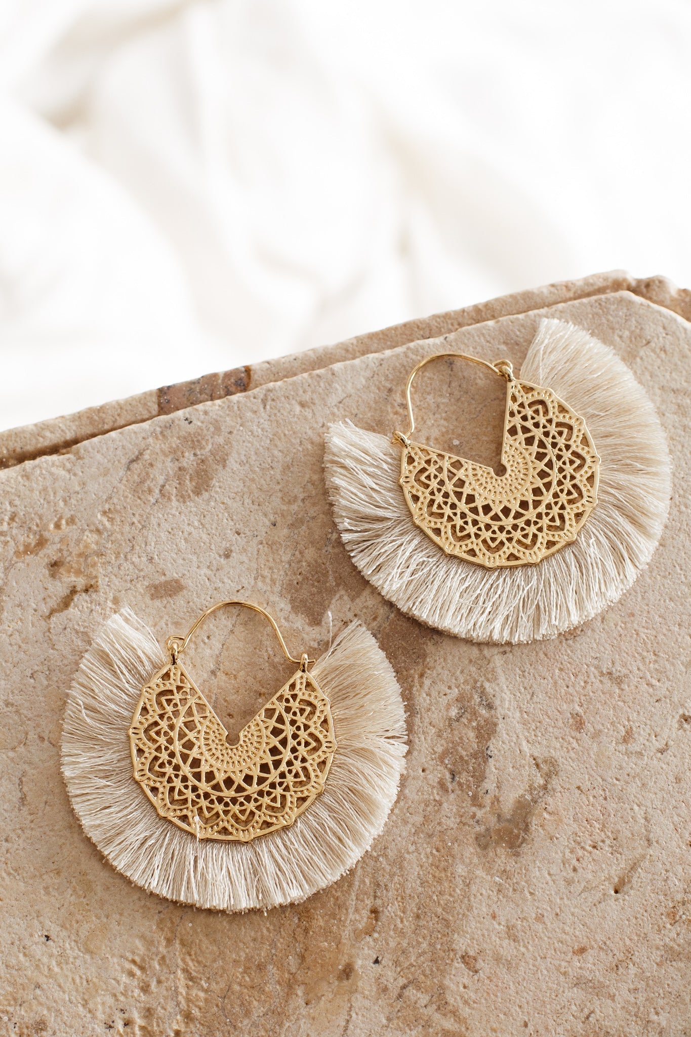 Gold Filigree Fringed Earrings Bali Beige