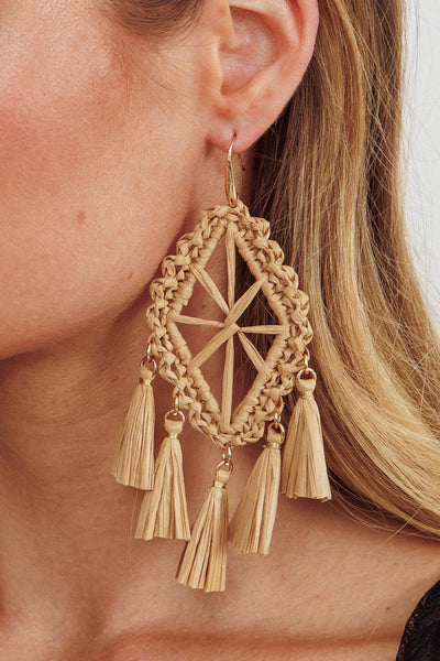 Large Woven Fringe Earrings Brown