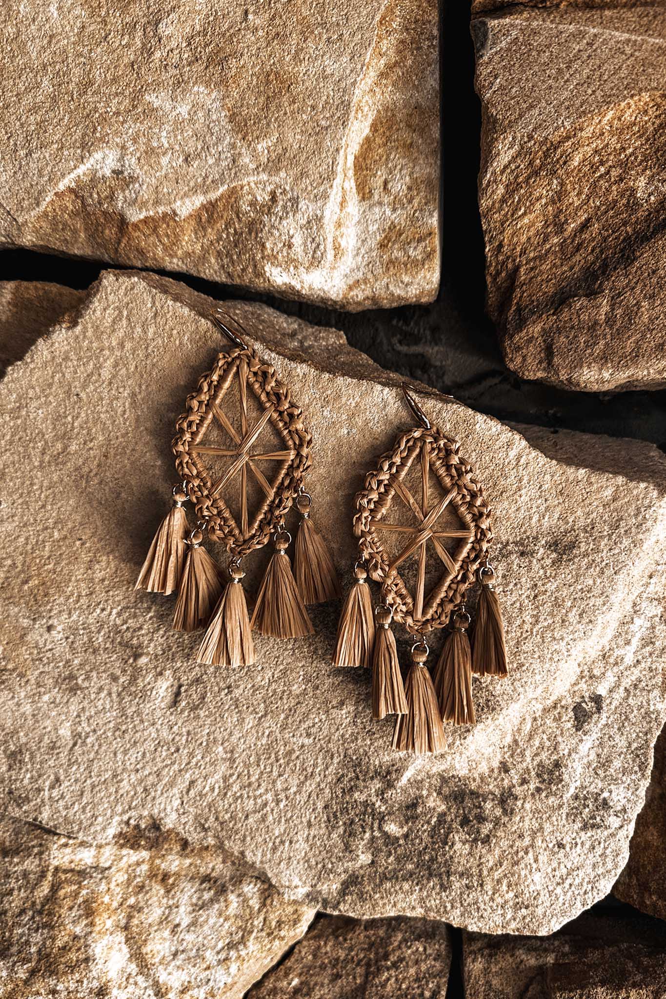Large Woven Fringe Earrings Brown