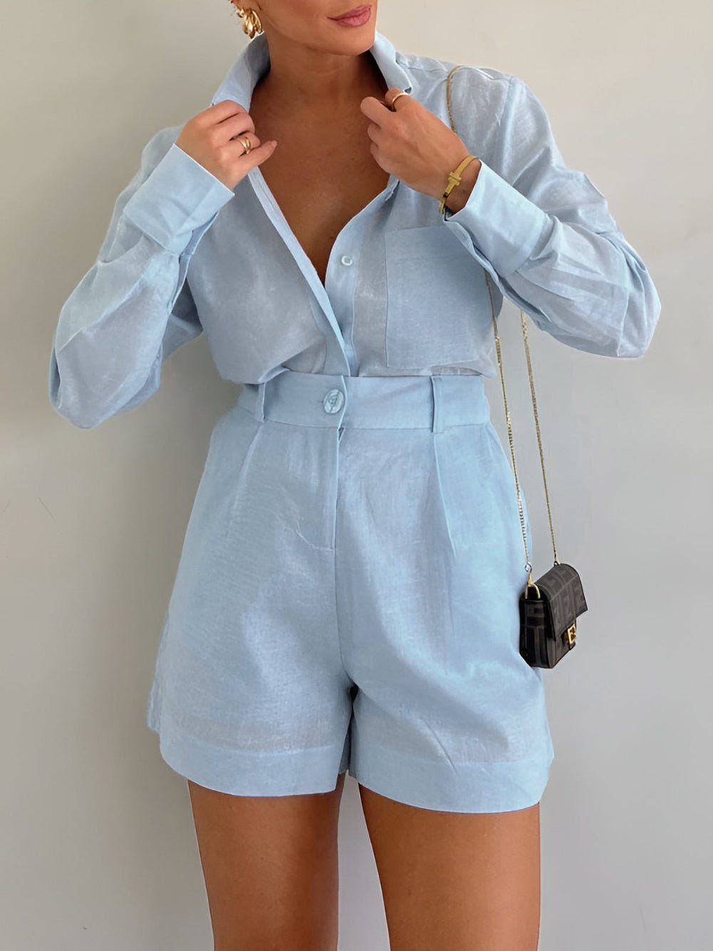 Cotton and Linen Long Sleeve Loose Short Set