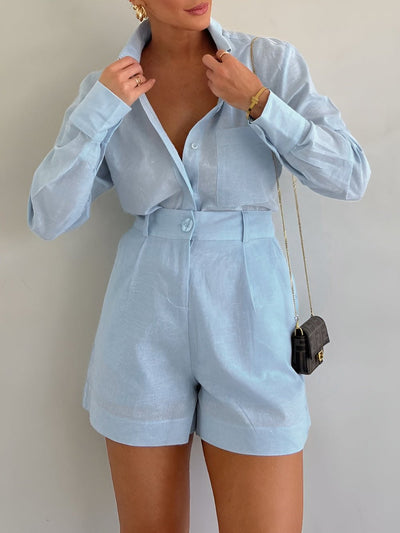 Cotton and Linen Long Sleeve Loose Short Set