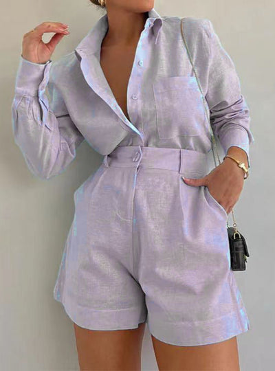 Cotton and Linen Long Sleeve Loose Short Set