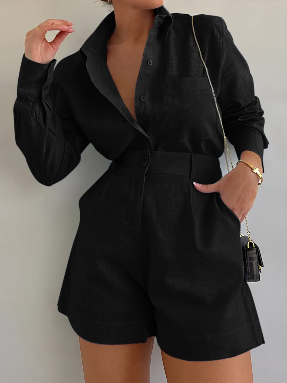 Cotton and Linen Long Sleeve Loose Short Set