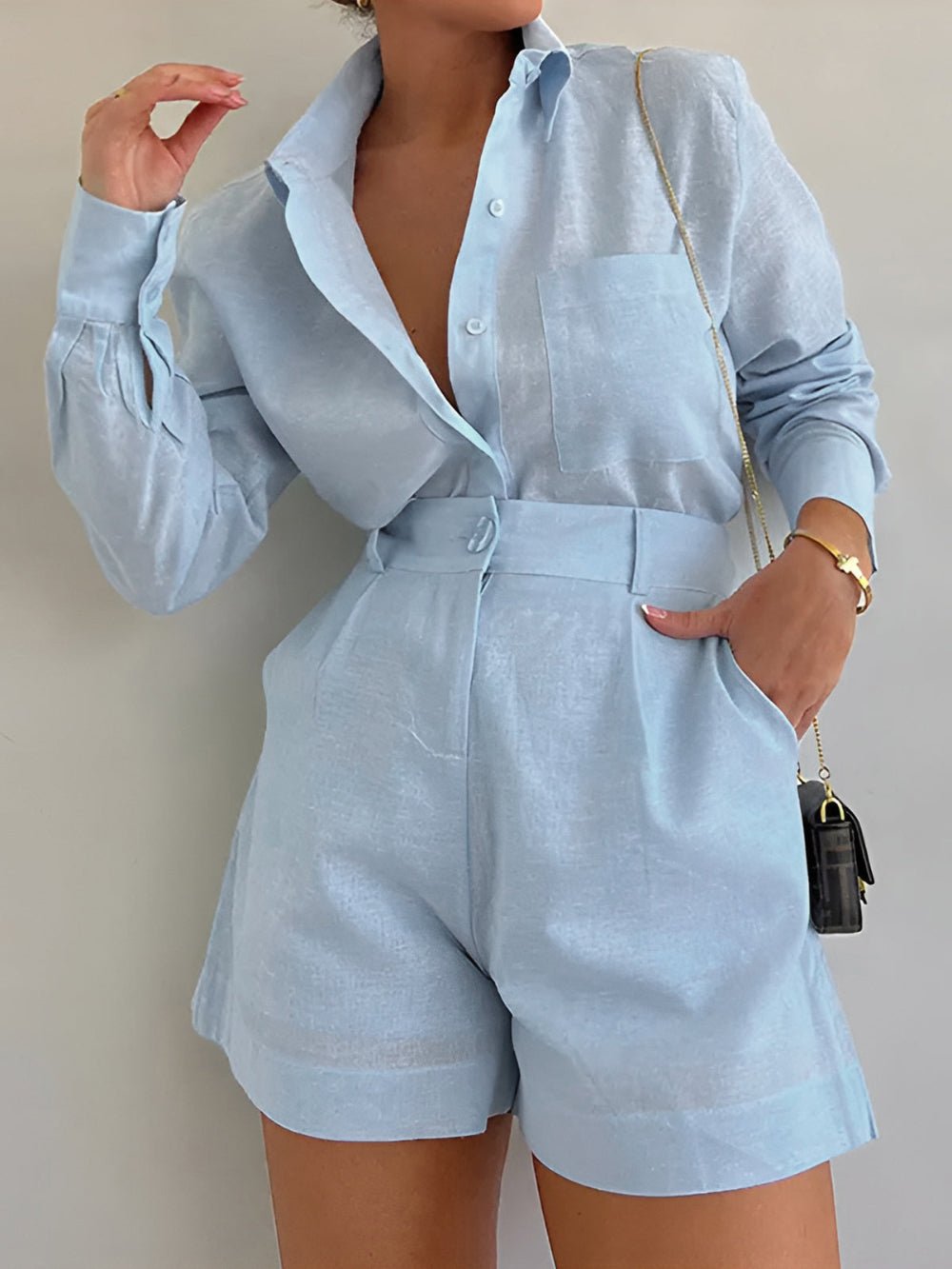 Cotton and Linen Long Sleeve Loose Short Set