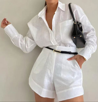 Cotton and Linen Long Sleeve Loose Short Set