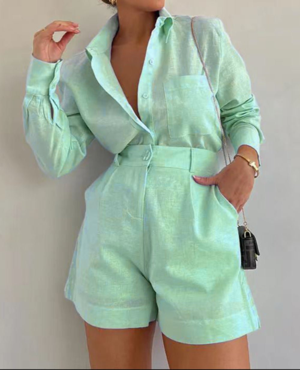 Cotton and Linen Long Sleeve Loose Short Set