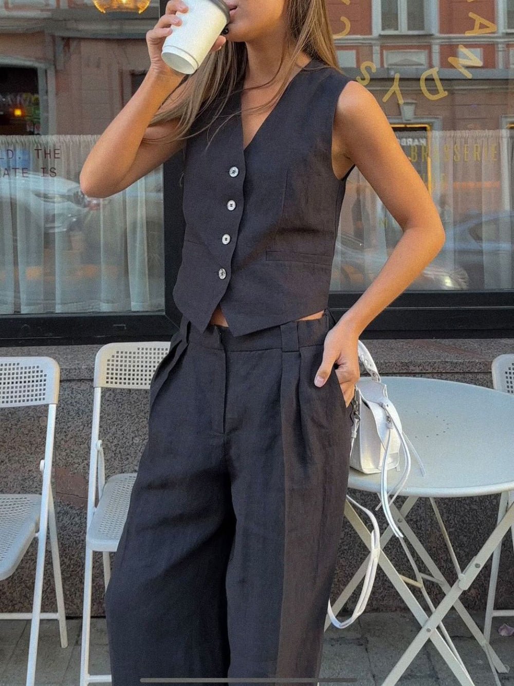 Classic V-Neck Pleated Cotton and Linen Wide Leg Trouser Set
