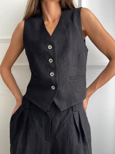 Classic V-Neck Pleated Cotton and Linen Wide Leg Trouser Set
