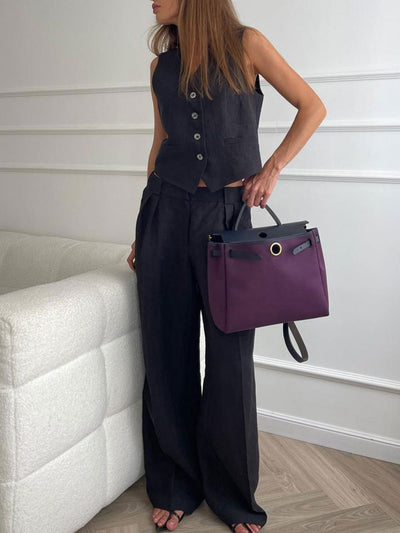 Classic V-Neck Pleated Cotton and Linen Wide Leg Trouser Set