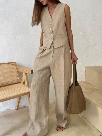 Classic V-Neck Pleated Cotton and Linen Wide Leg Trouser Set