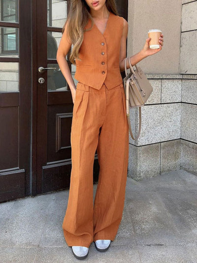 Classic V-Neck Pleated Cotton and Linen Wide Leg Trouser Set