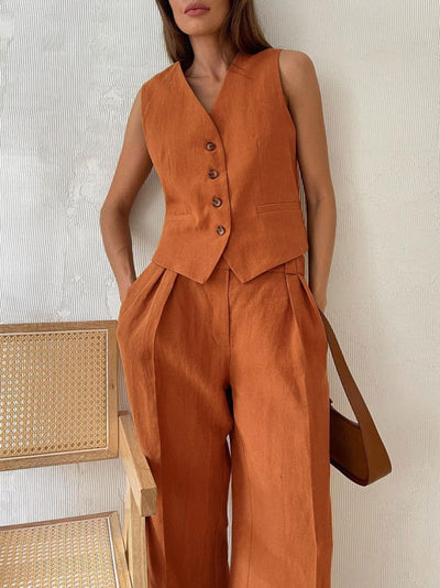 Classic V-Neck Pleated Cotton and Linen Wide Leg Trouser Set
