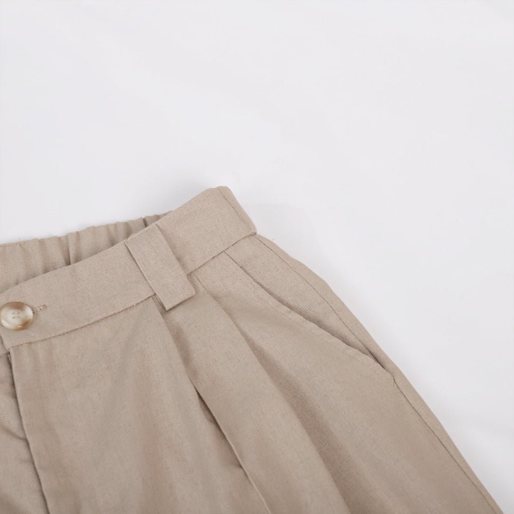Classic V-Neck Pleated Cotton and Linen Wide Leg Trouser Set