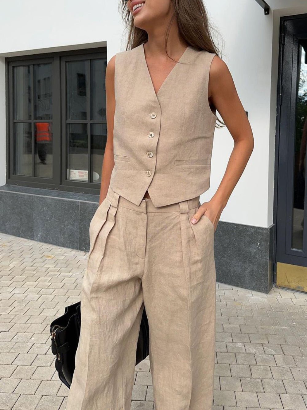 Classic V-Neck Pleated Cotton and Linen Wide Leg Trouser Set