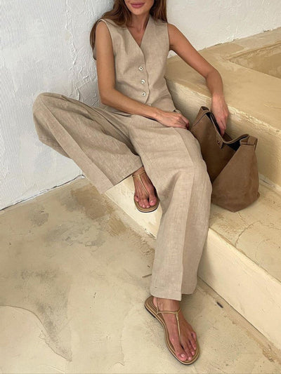 Classic V-Neck Pleated Cotton and Linen Wide Leg Trouser Set