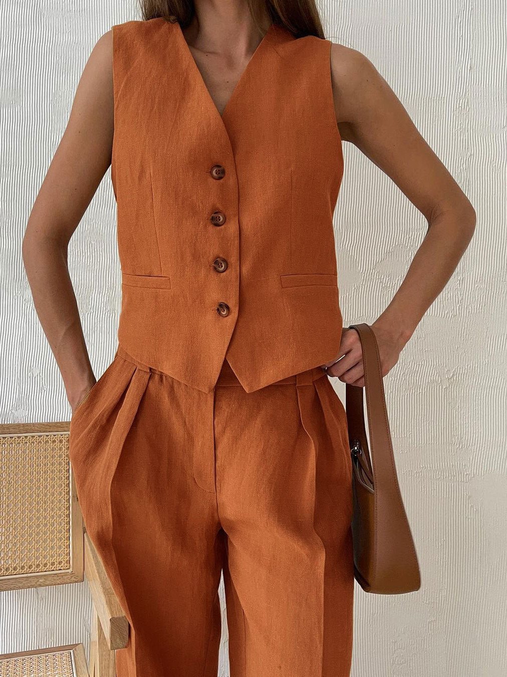 Classic V-Neck Pleated Cotton and Linen Wide Leg Trouser Set