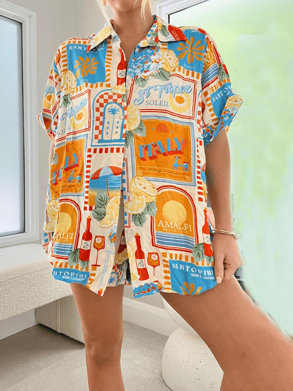 Loose Sunbed Printed Shirt Shorts Set