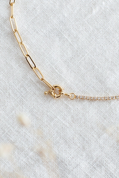 Madelyn paperclip necklace with golden rhinestones