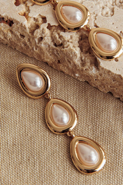 Marion Three Drop Earrings Gold Pearls