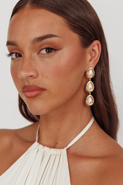 Marion Three Drop Earrings Gold Pearls