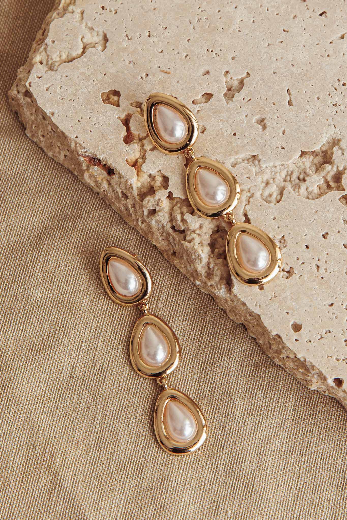 Marion Three Drop Earrings Gold Pearls