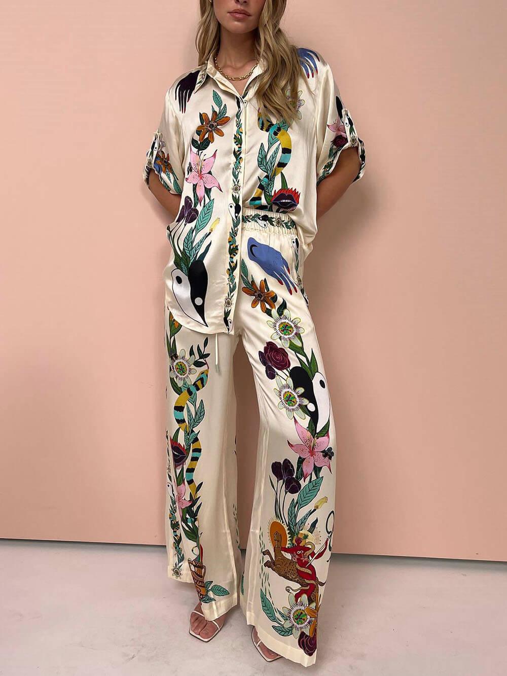 Modern Refined Satin Unique Print Button Blouse Oversized